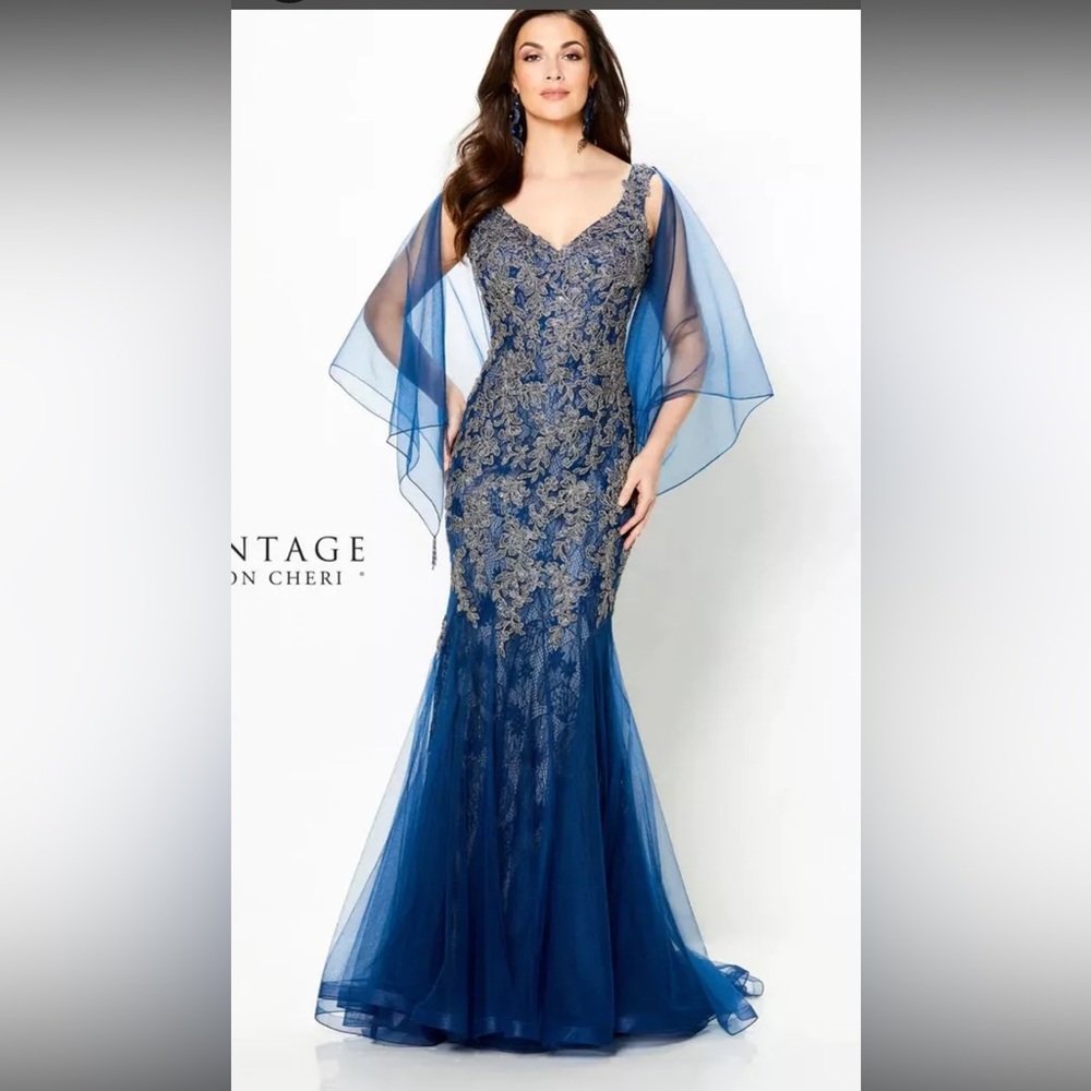 Stunning Montage off the shoulder Blue & Platinum fit & flare gown.